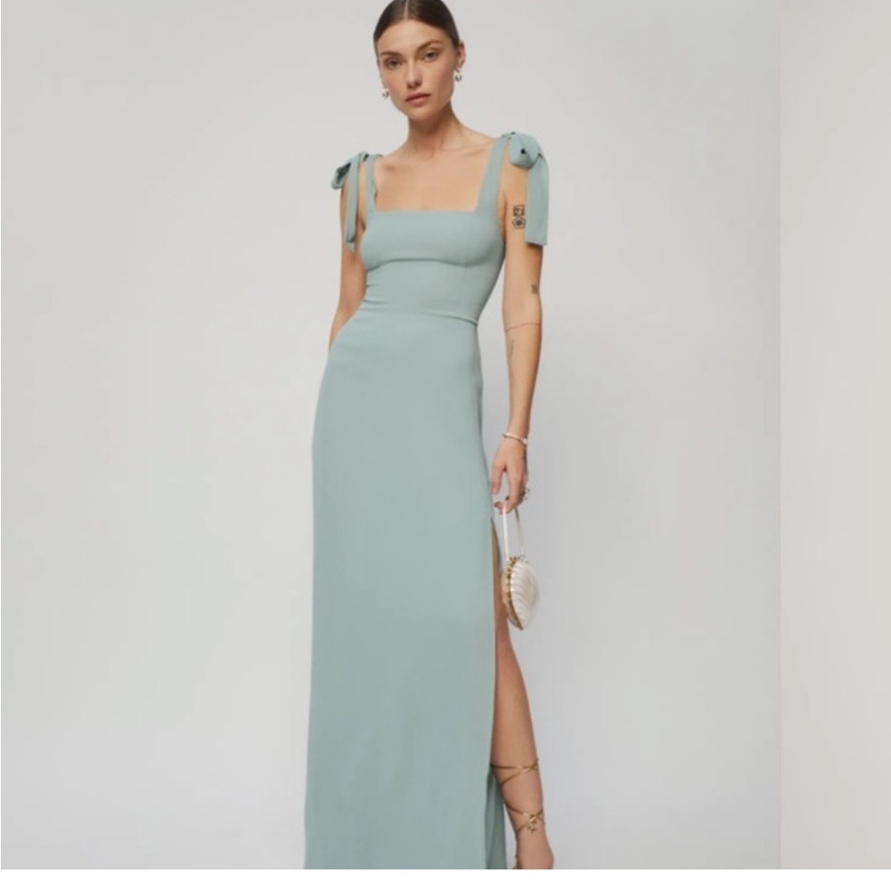 Reformation Celadon Green Blue Westerly Tie Strap Maxi Gown Dress Sz 10 Wedding - Picture 2 of 16